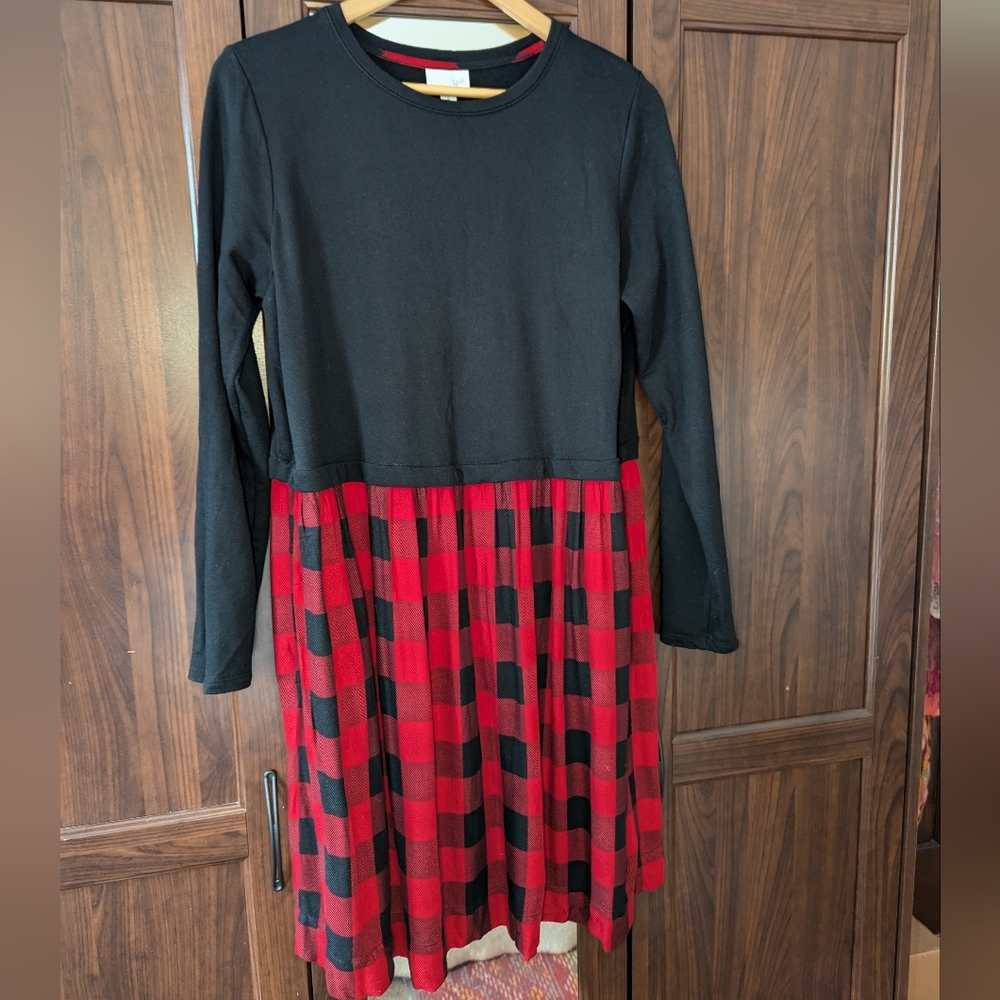 J. Jill Dress Midi Black & Red Plaid Long Sleeve Pockets Shirtdress Medium